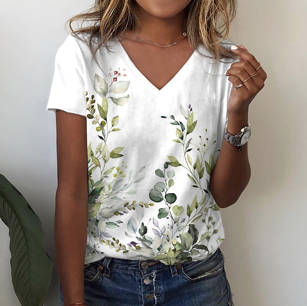 Floral Print Casual V Neck Tee